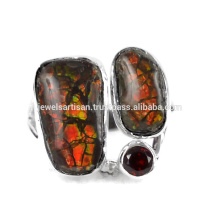 Natural Ammolite E Garnet Gemstone 925 Sterling Silver Ring Jewelry